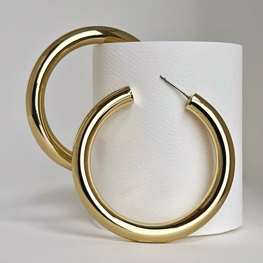 Vintage Chunky C-Shaped Gold Tone Tube Hoop Earrings, 2" Diameter (EUC)
